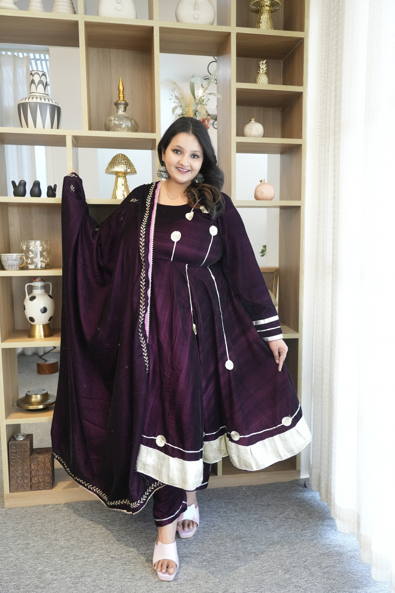 Wine Anarkali With Embroidered Dupatta