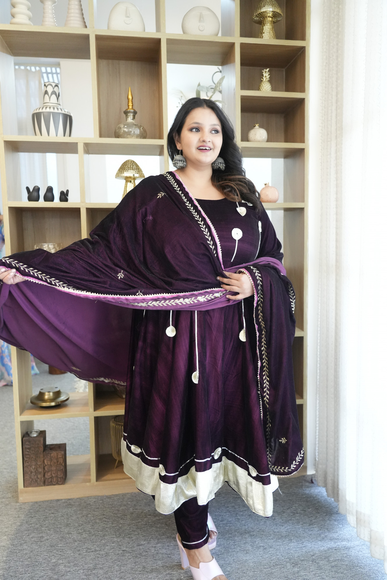 Wine Anarkali With Embroidered Dupatta