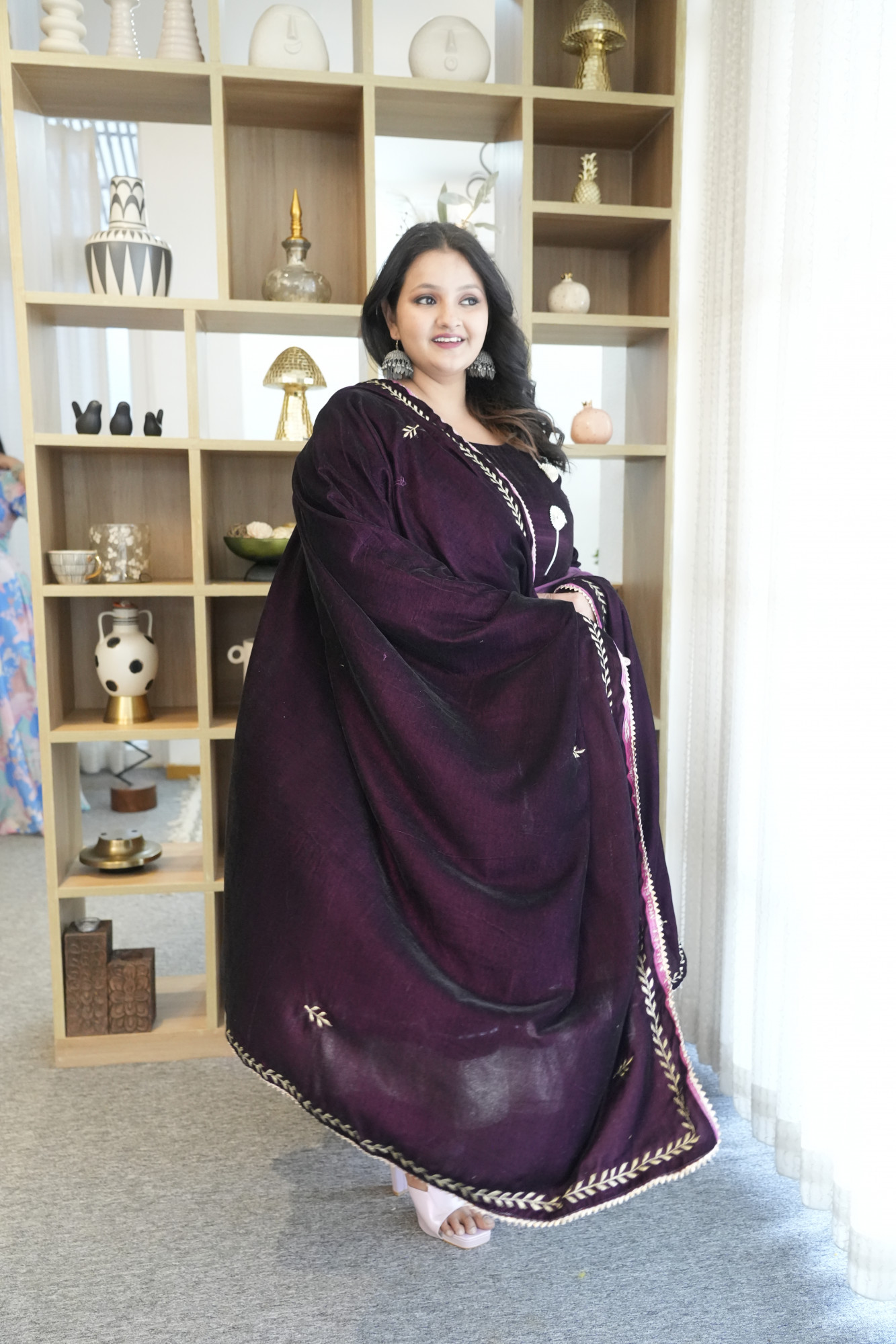 Wine Anarkali With Embroidered Dupatta