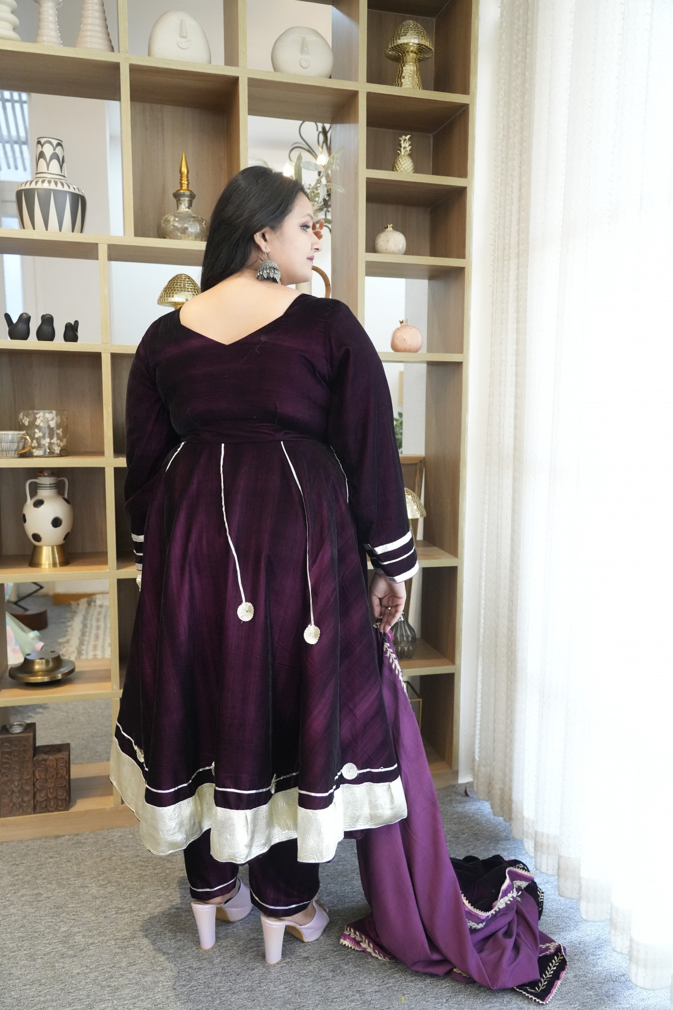 Wine Anarkali With Embroidered Dupatta