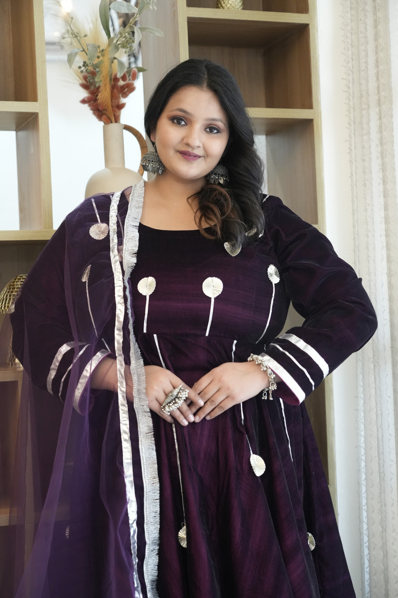 Wine Velvet Anarkali With Net Gota Detailing Dupatta