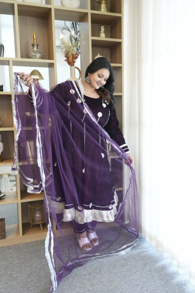 Image of Wine Velvet Anarkali With Net Gota Detailing Dupatta