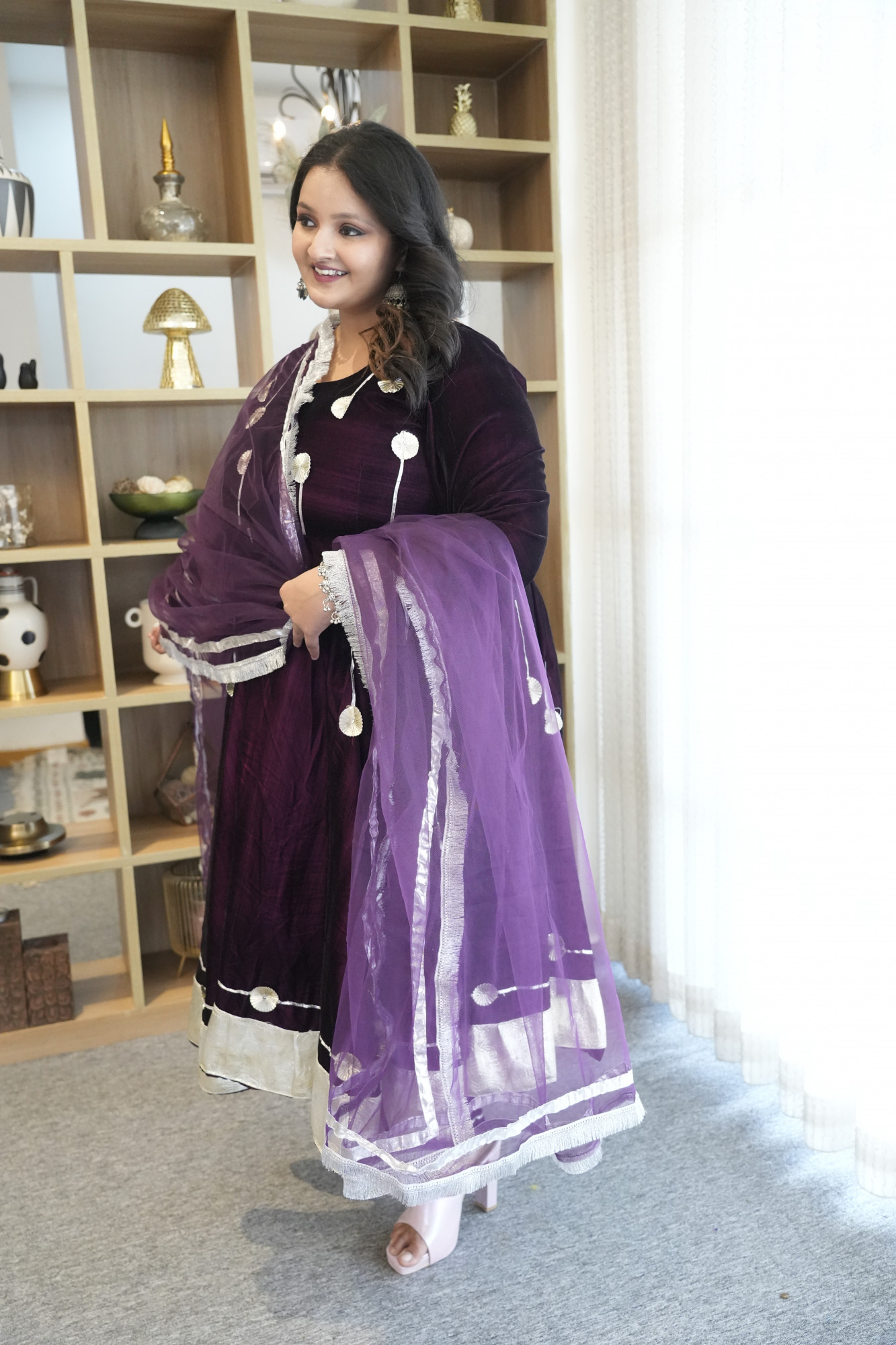 Wine Velvet Anarkali With Net Gota Detailing Dupatta