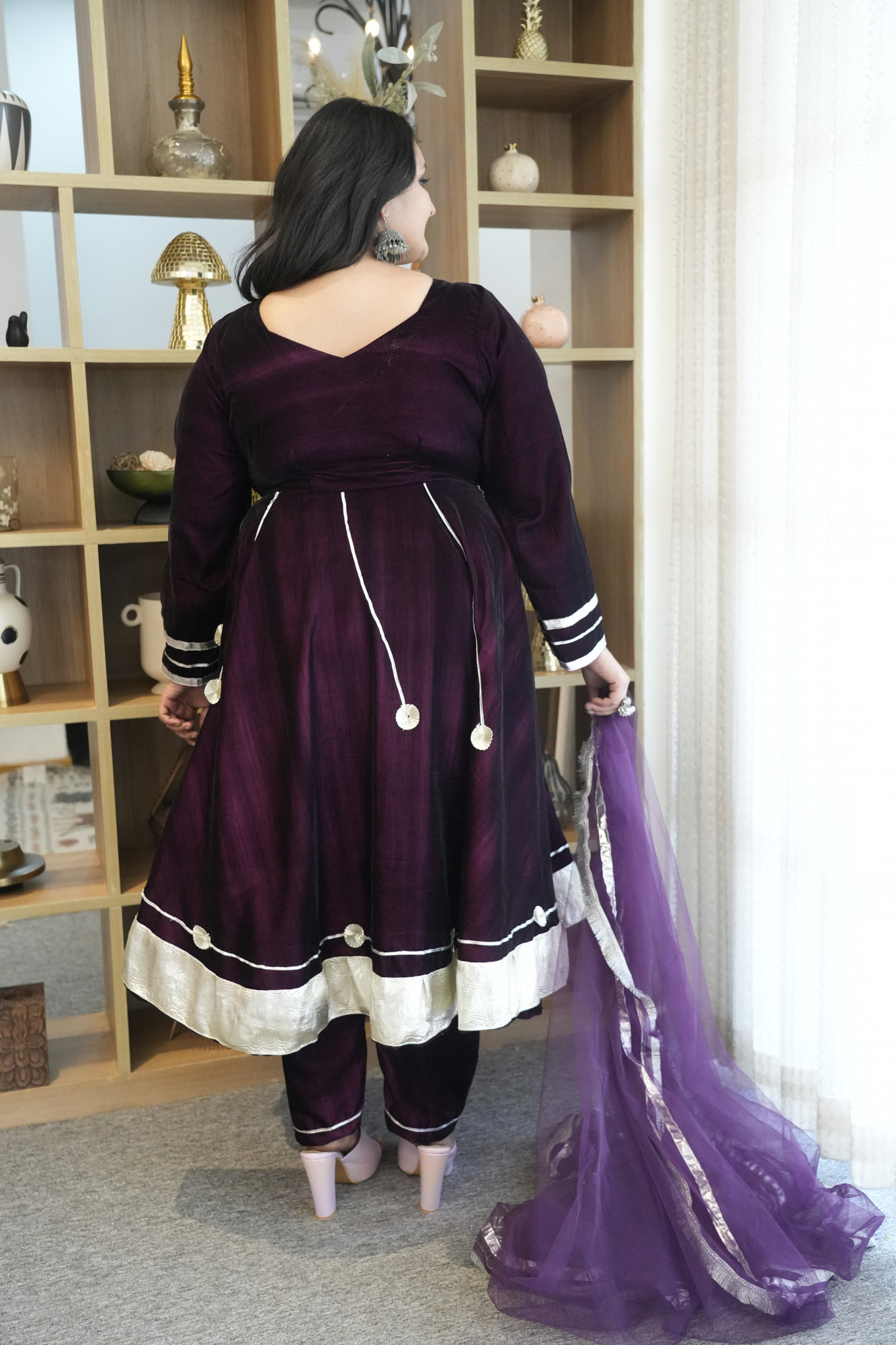 Wine Velvet Anarkali With Net Gota Detailing Dupatta