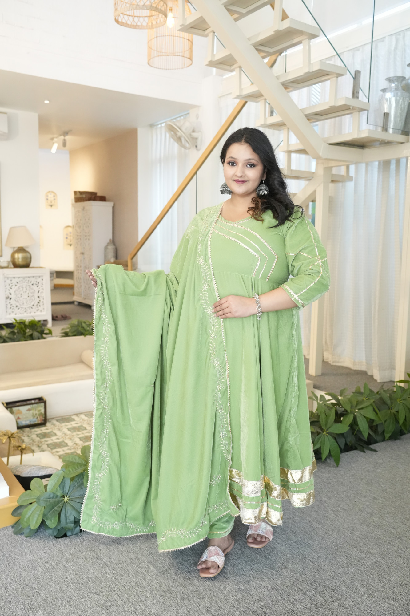 Olive Green Anarkali With Embroidered Dupatta