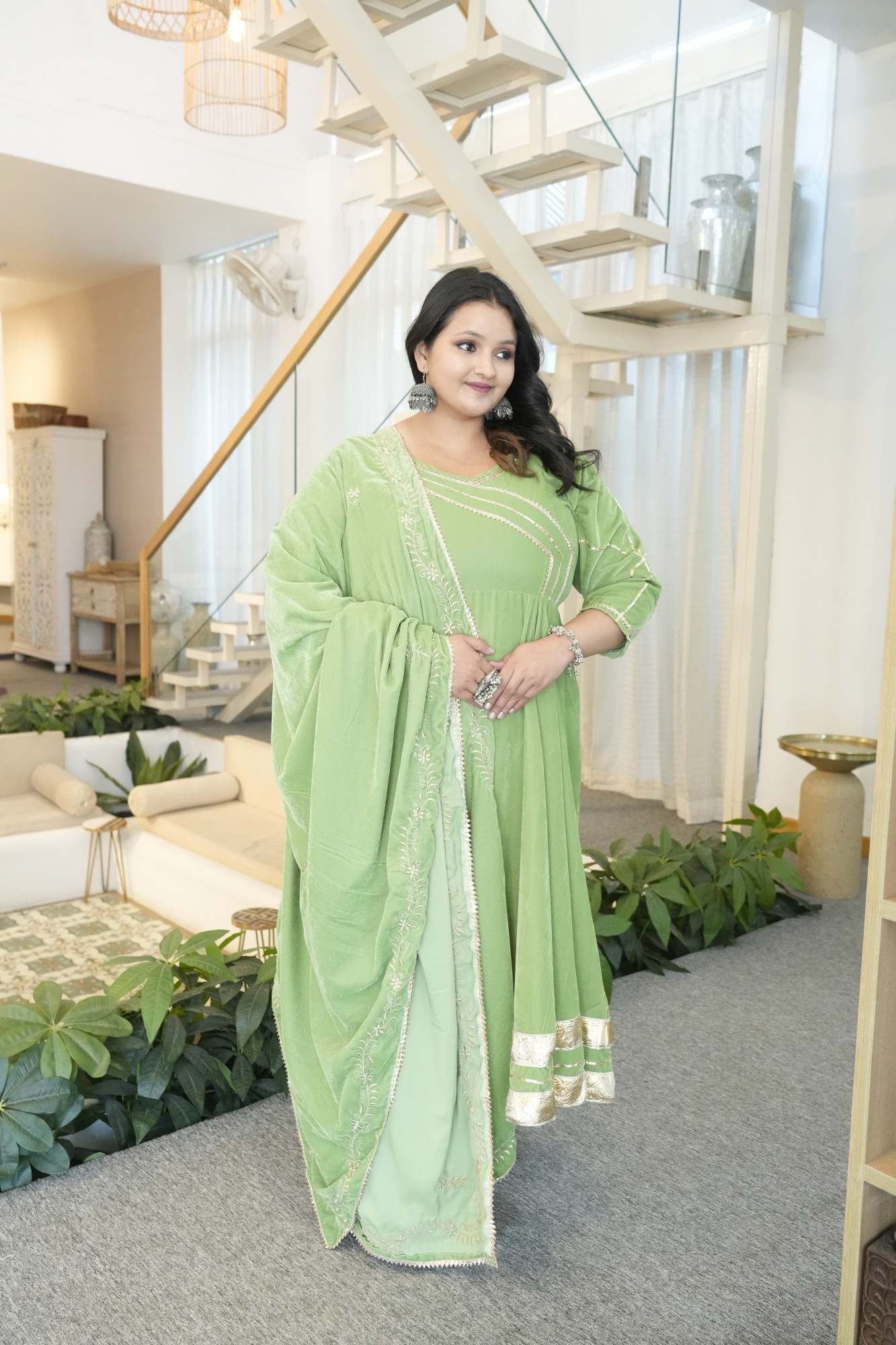 Olive Green Anarkali With Embroidered Dupatta