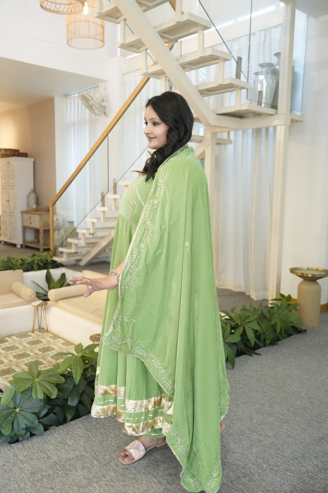 Olive Green Anarkali With Embroidered Dupatta