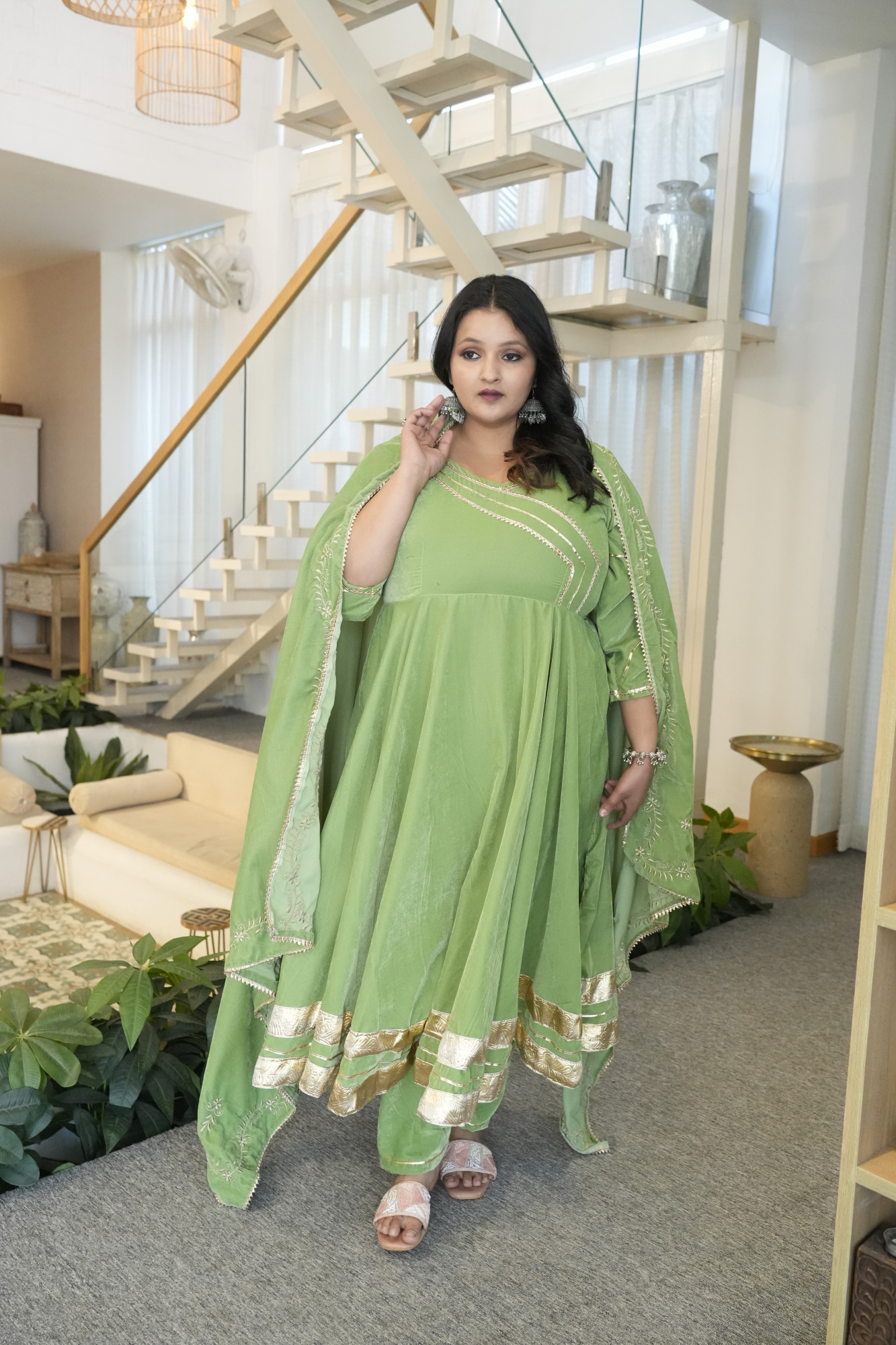 Olive Green Anarkali With Embroidered Dupatta