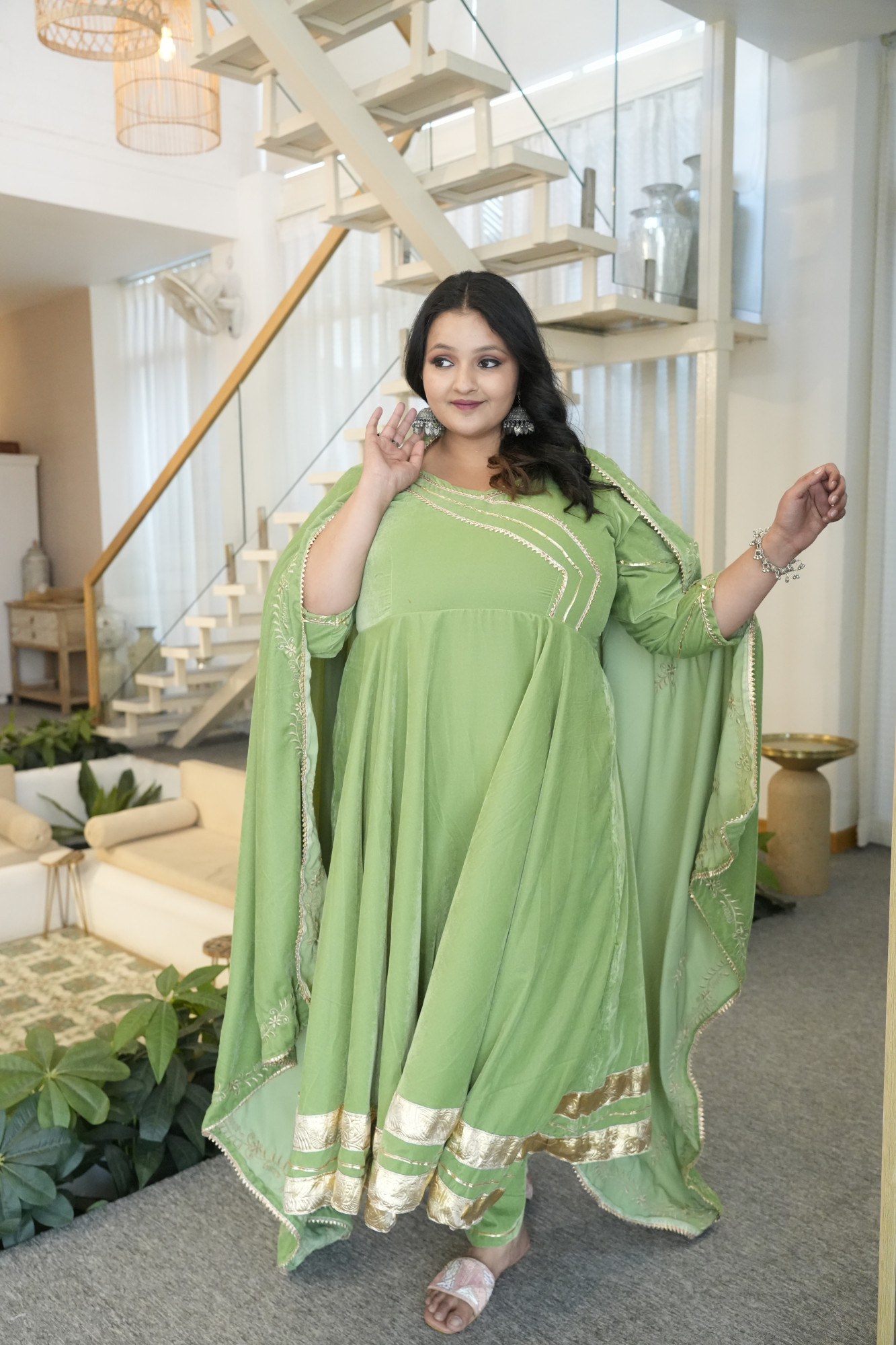 Olive Green Anarkali With Embroidered Dupatta