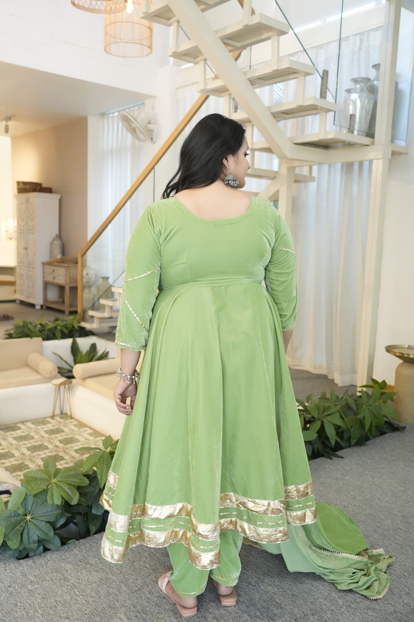 Olive Green Anarkali With Embroidered Dupatta