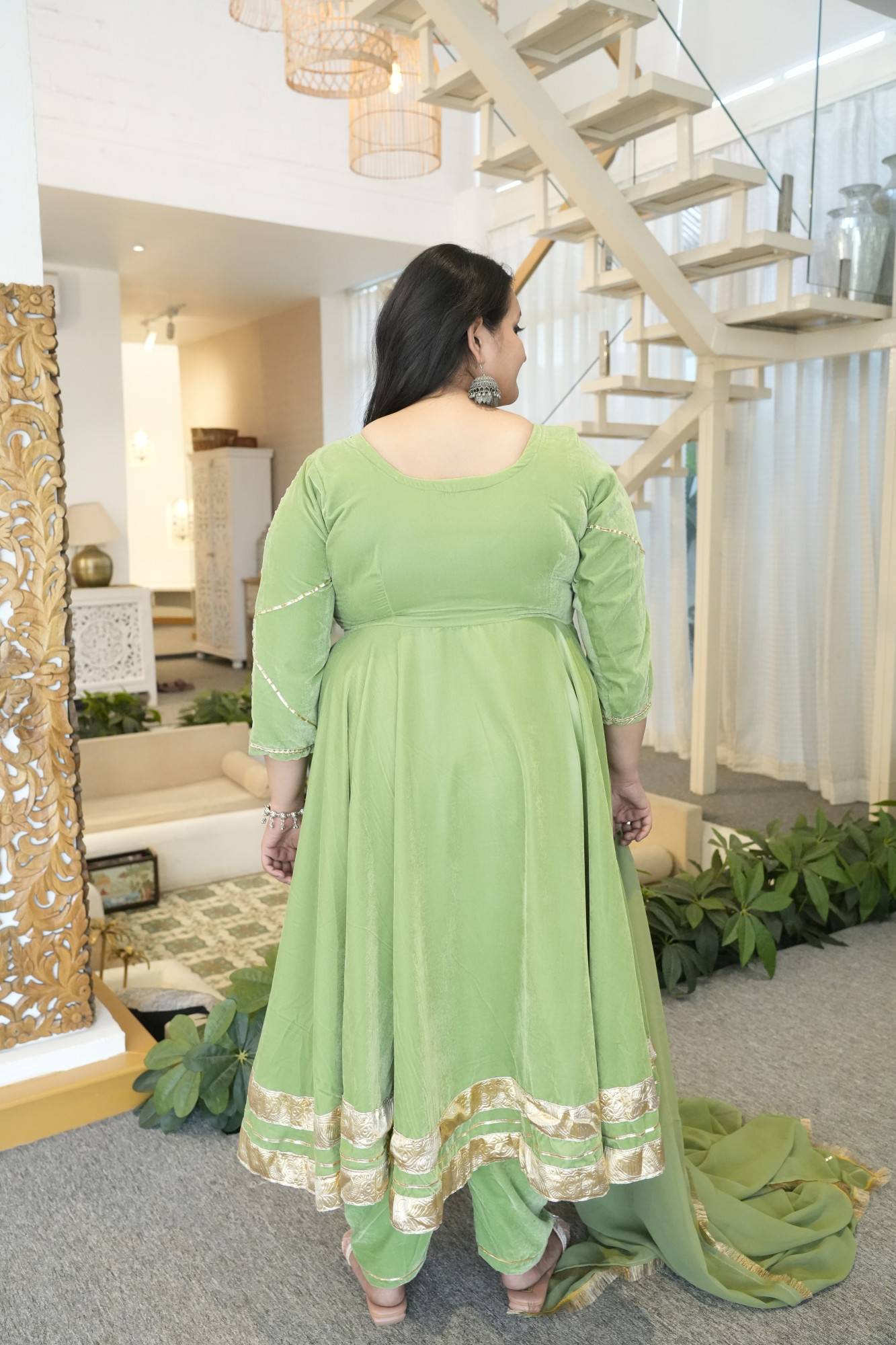 Olive Green Velvet Anarkali With Georgette Dupatta