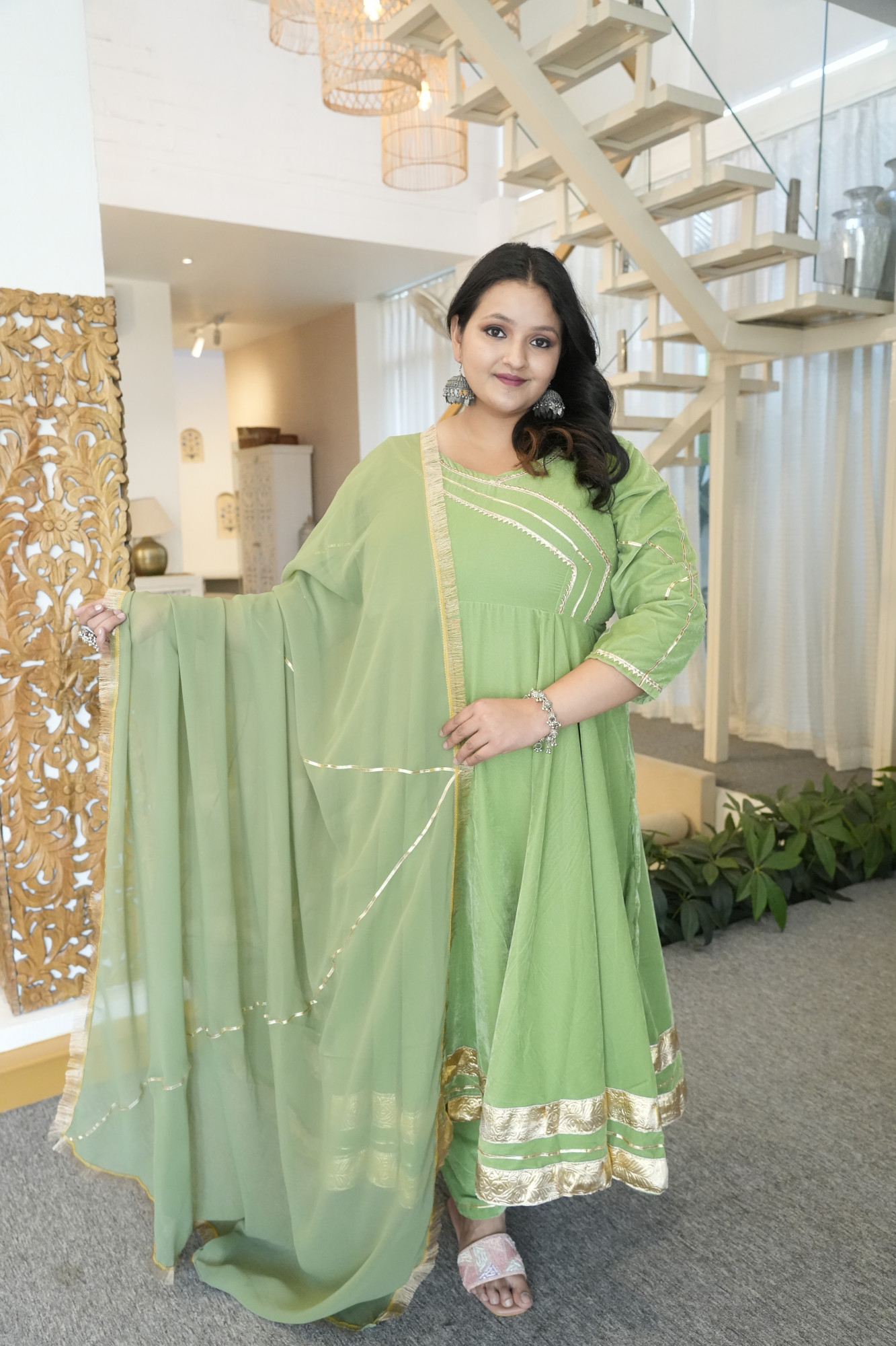 Olive Green Velvet Anarkali With Georgette Dupatta