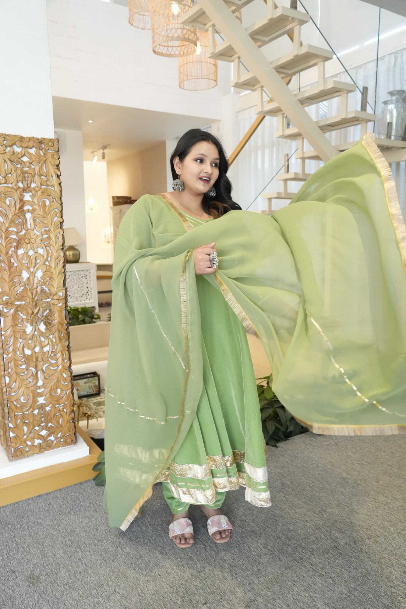 Olive Green Velvet Anarkali With Georgette Dupatta