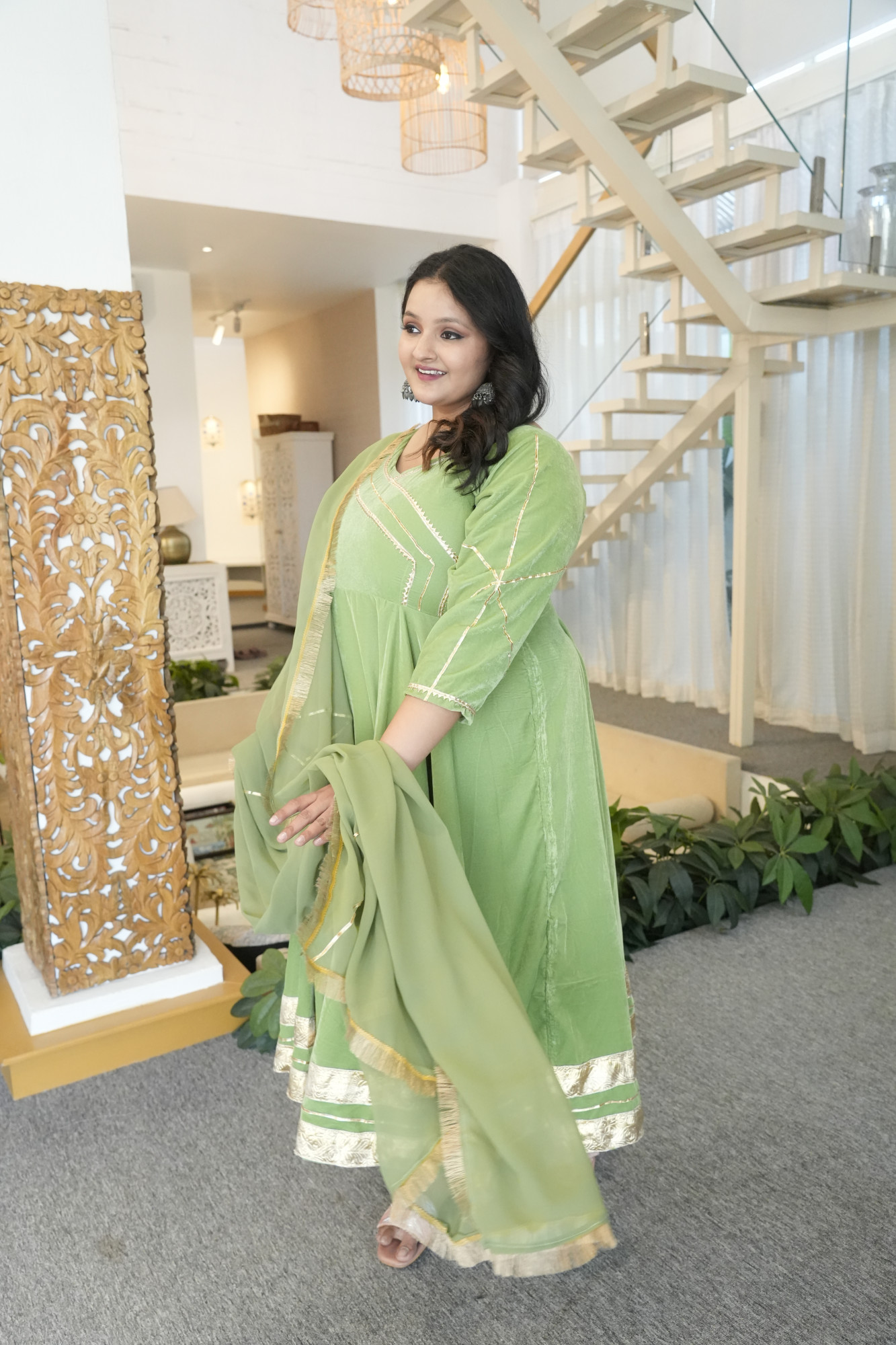 Olive Green Velvet Anarkali With Georgette Dupatta