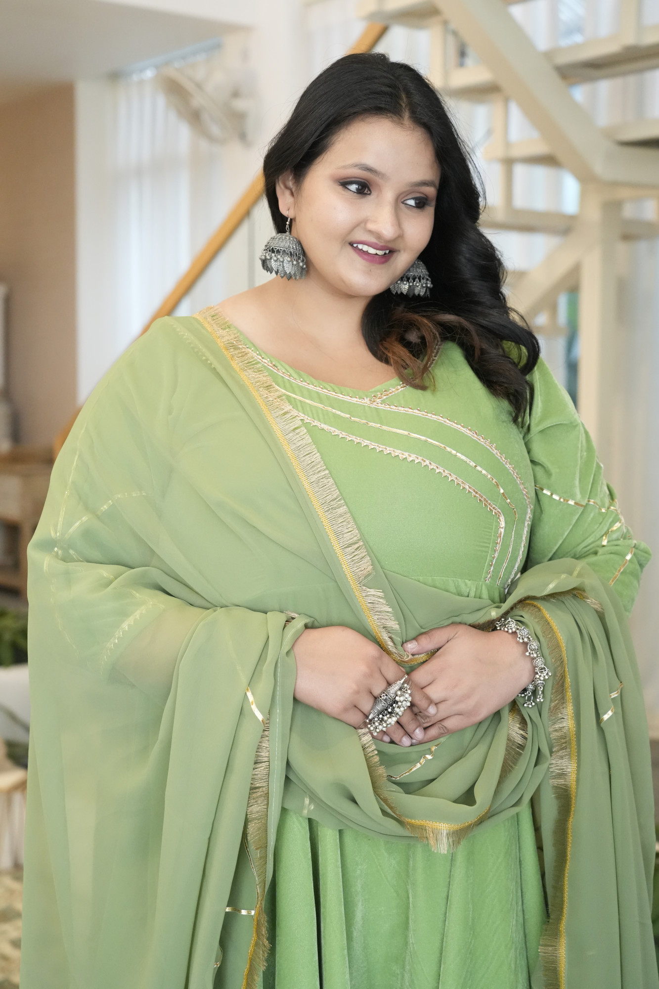 Olive Green Velvet Anarkali With Georgette Dupatta