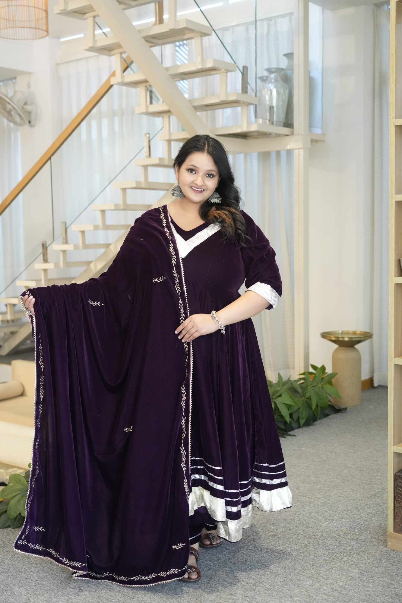 Wine Gota Anarkali With Embroidered Dupatta
