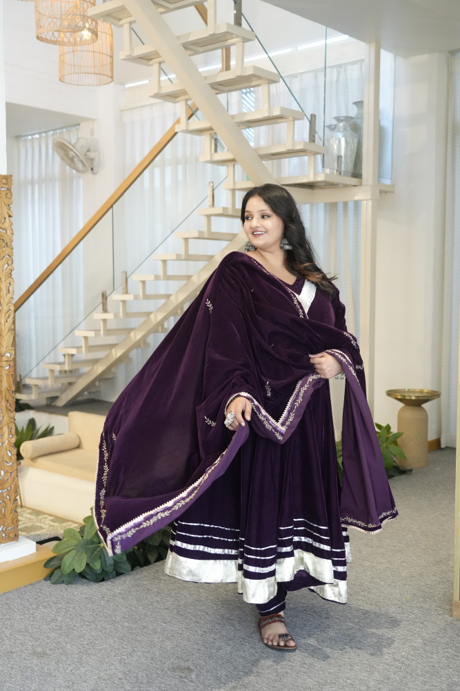 Image of Wine Gota Anarkali With Embroidered Dupatta