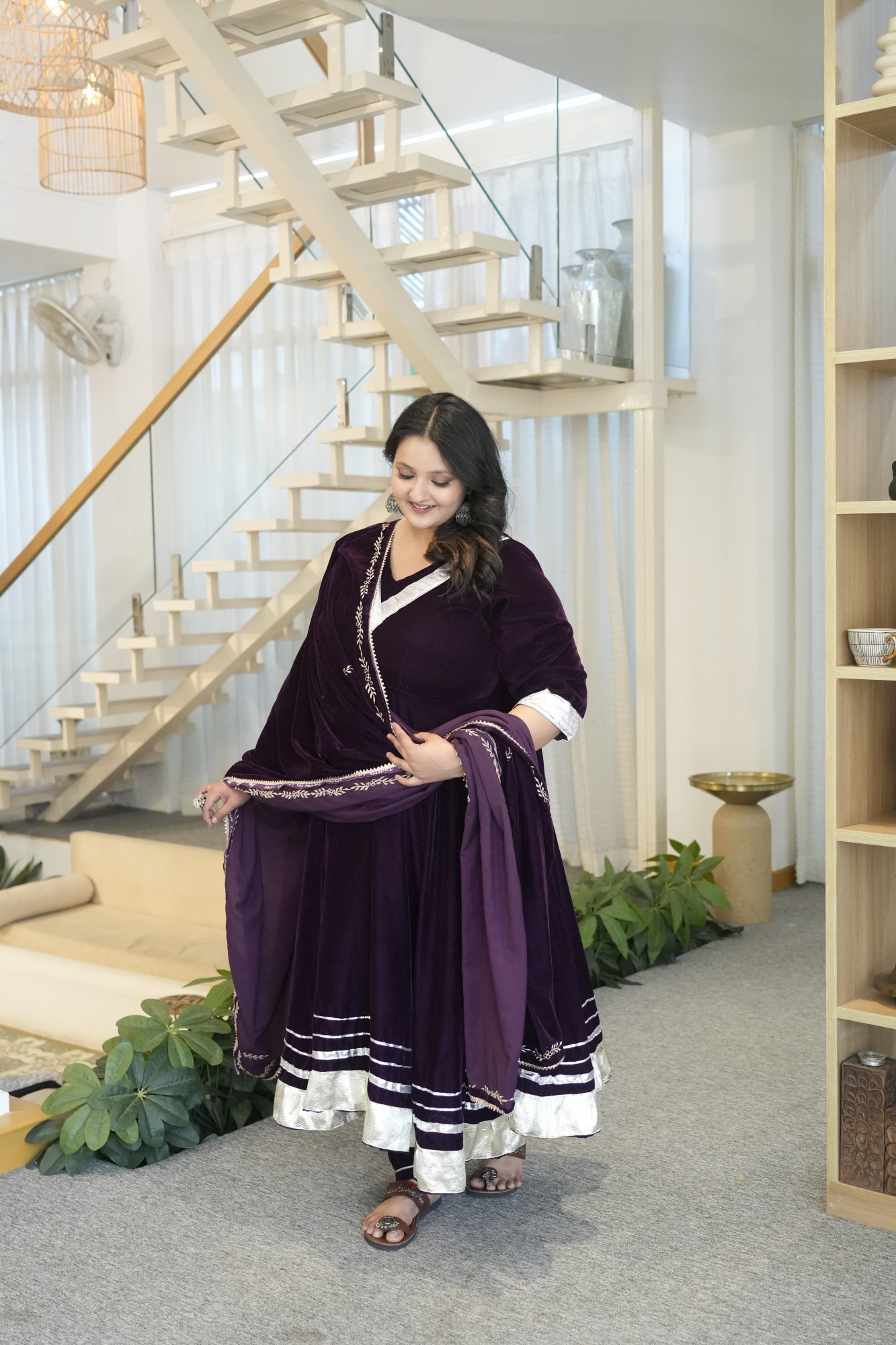 Wine Gota Anarkali With Embroidered Dupatta