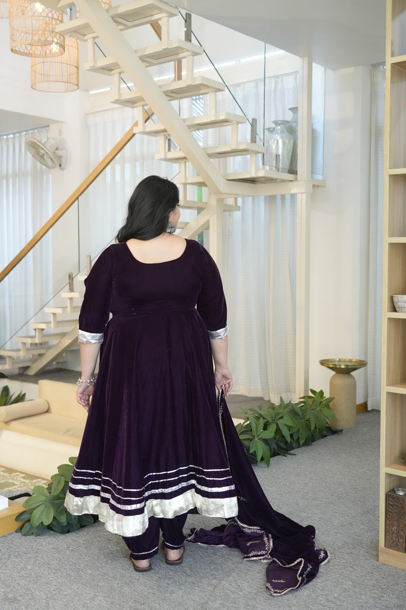 Wine Gota Anarkali With Embroidered Dupatta