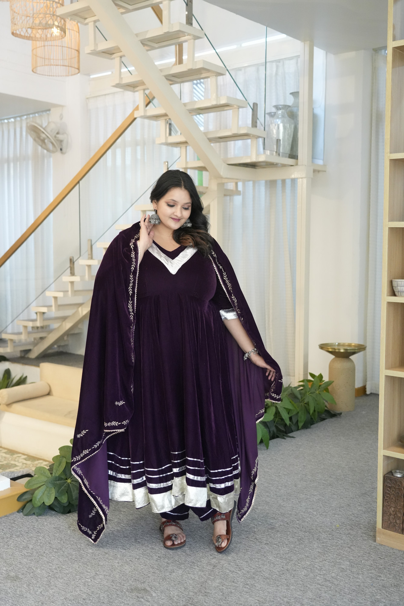 Wine Gota Anarkali With Embroidered Dupatta