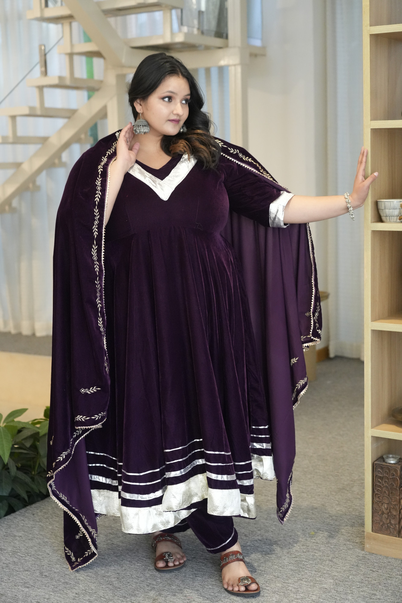 Wine Gota Anarkali With Embroidered Dupatta