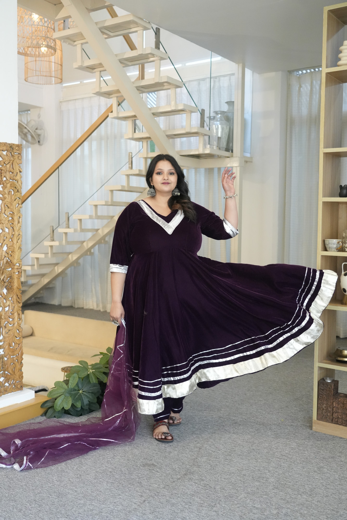 Wine Velvet Anarkali With Net Dupatta