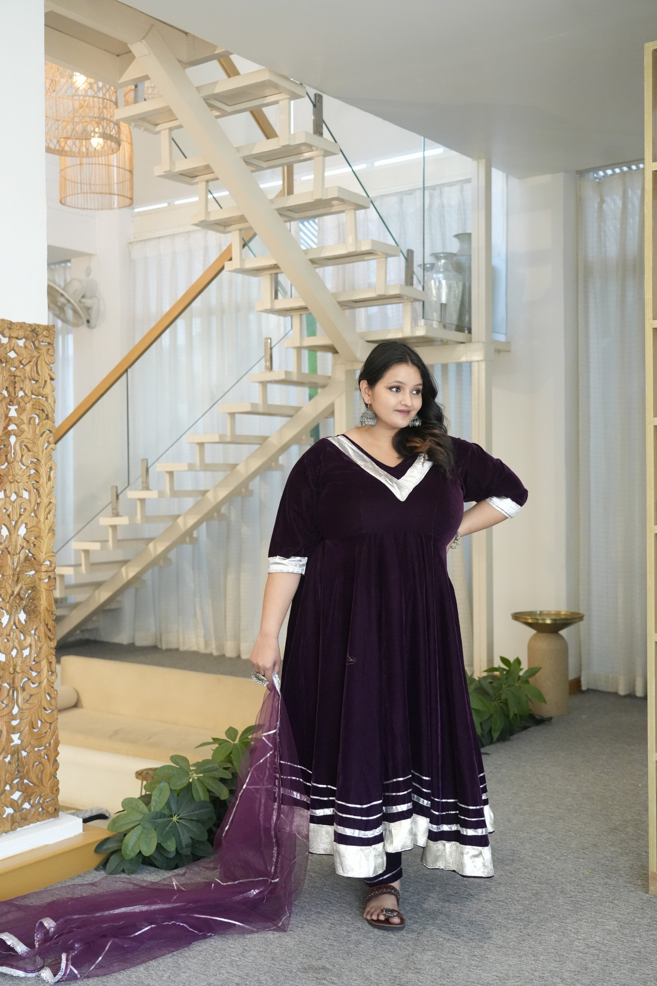 Wine Velvet Anarkali With Net Dupatta