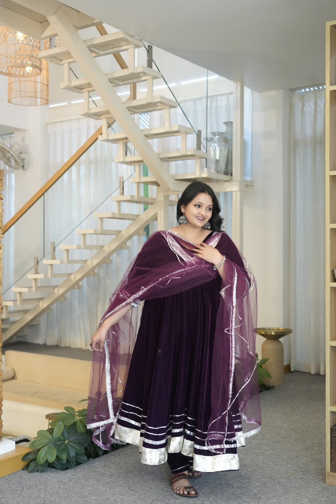 Image of Wine Velvet Anarkali With Net Dupatta