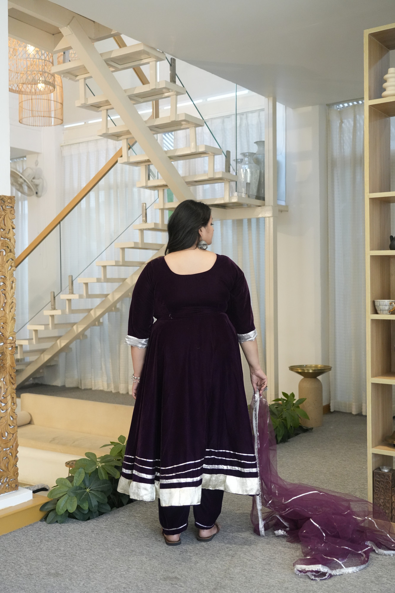 Wine Velvet Anarkali With Net Dupatta