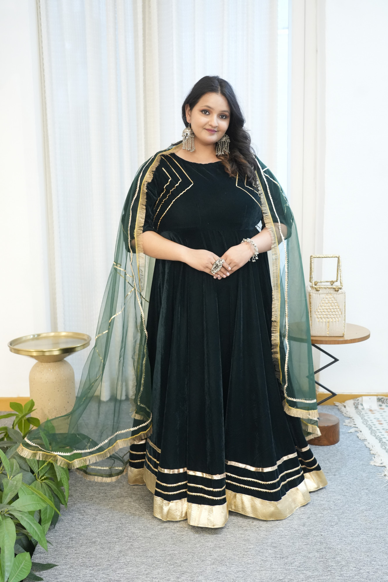 Green Velvet Anarkali With Net Dupatta