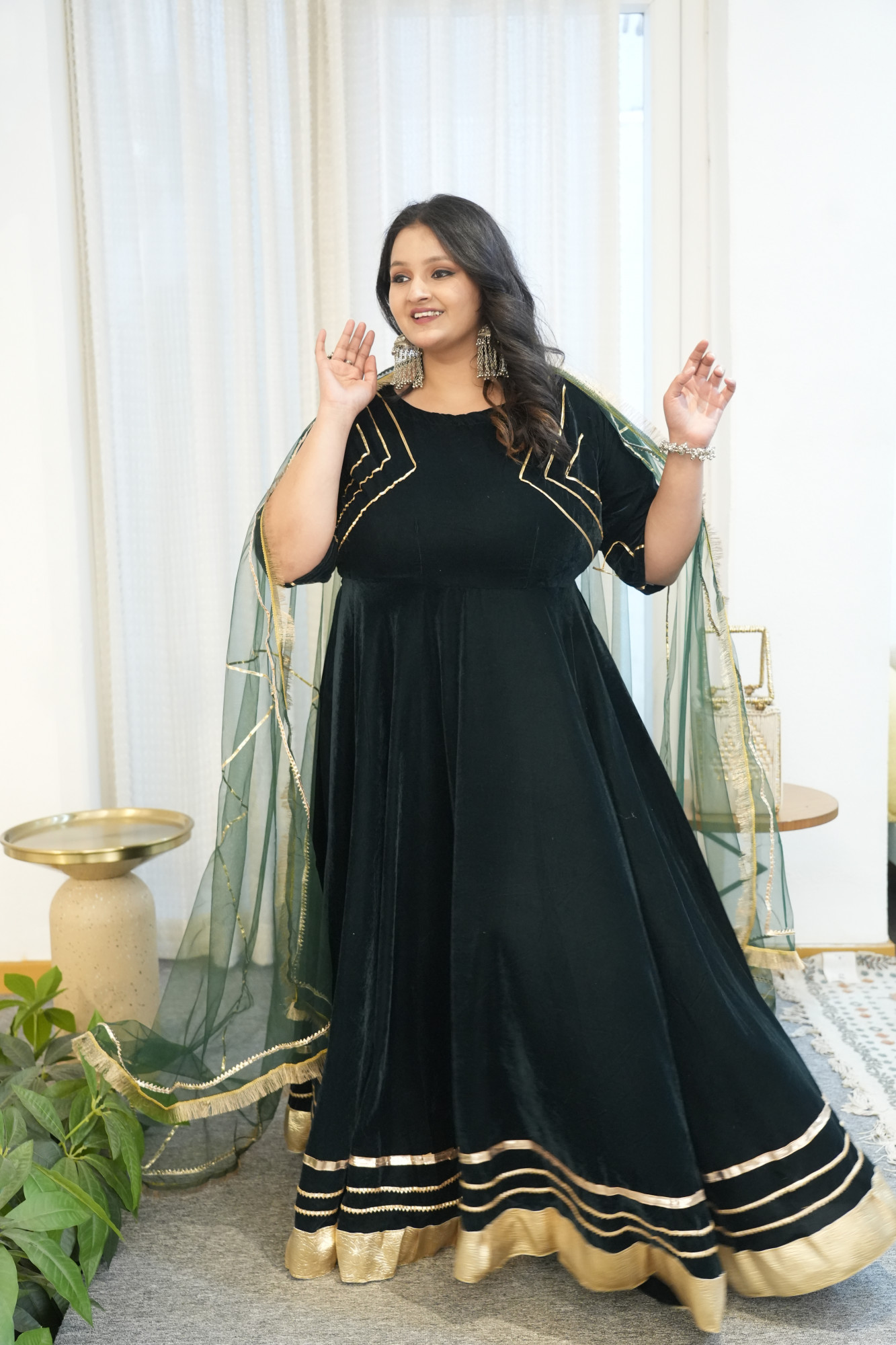 Green Velvet Anarkali With Net Dupatta