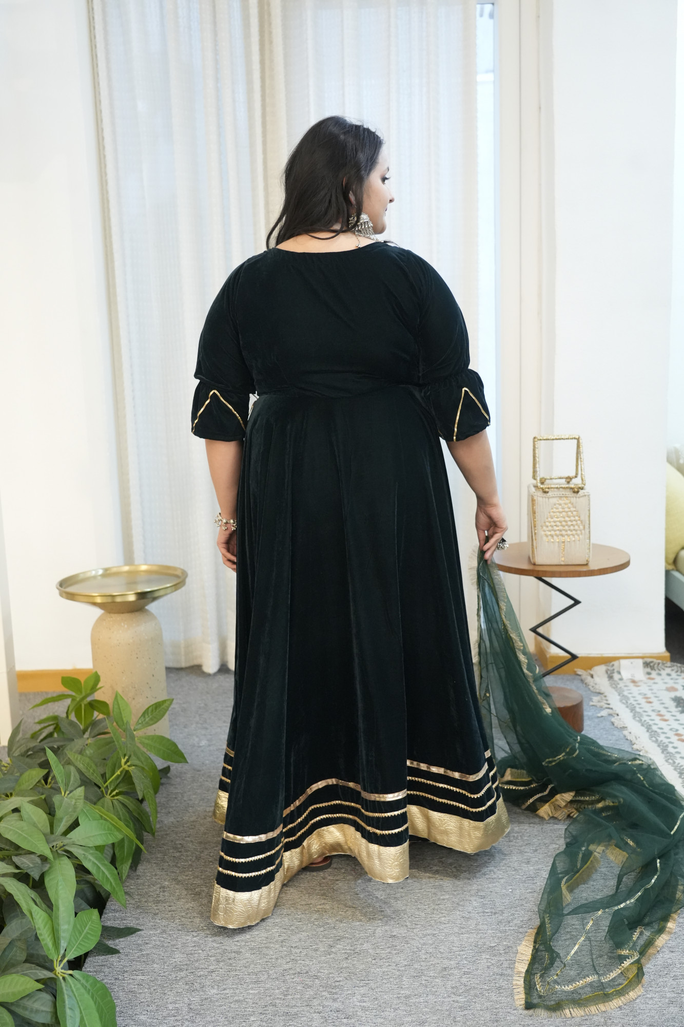 Green Velvet Anarkali With Net Dupatta