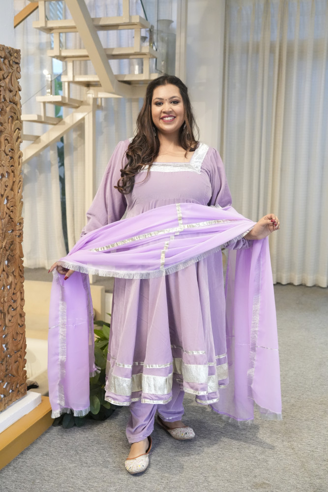 Image of Dusty Purple Velvet Anarkali With Georgette Dupatta