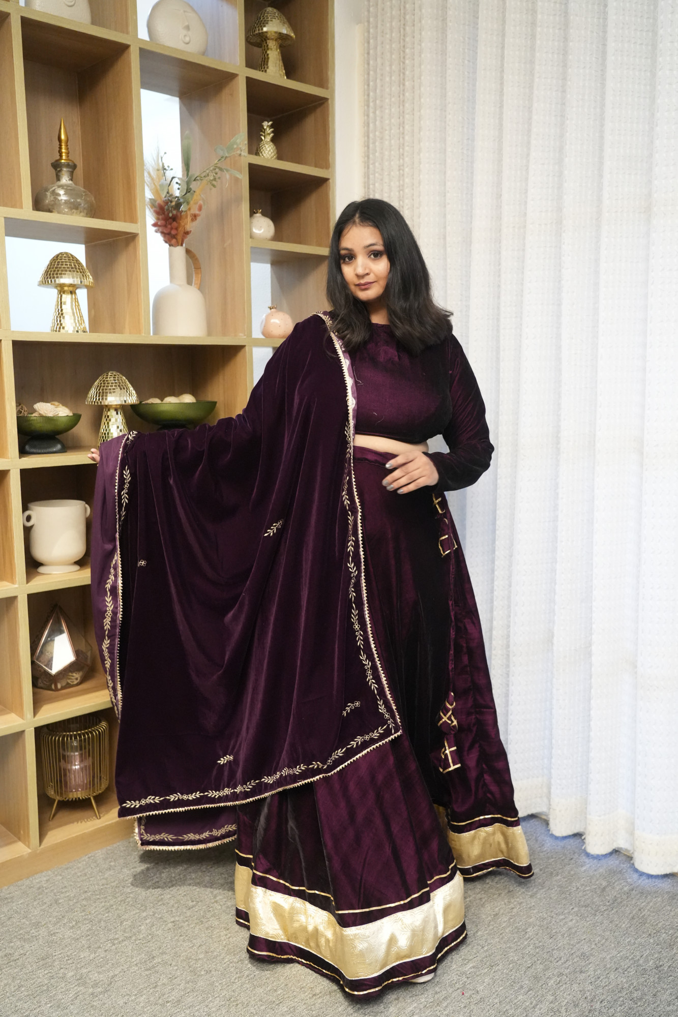 Wine Velvet Lehenga With Embroidered Dupatta