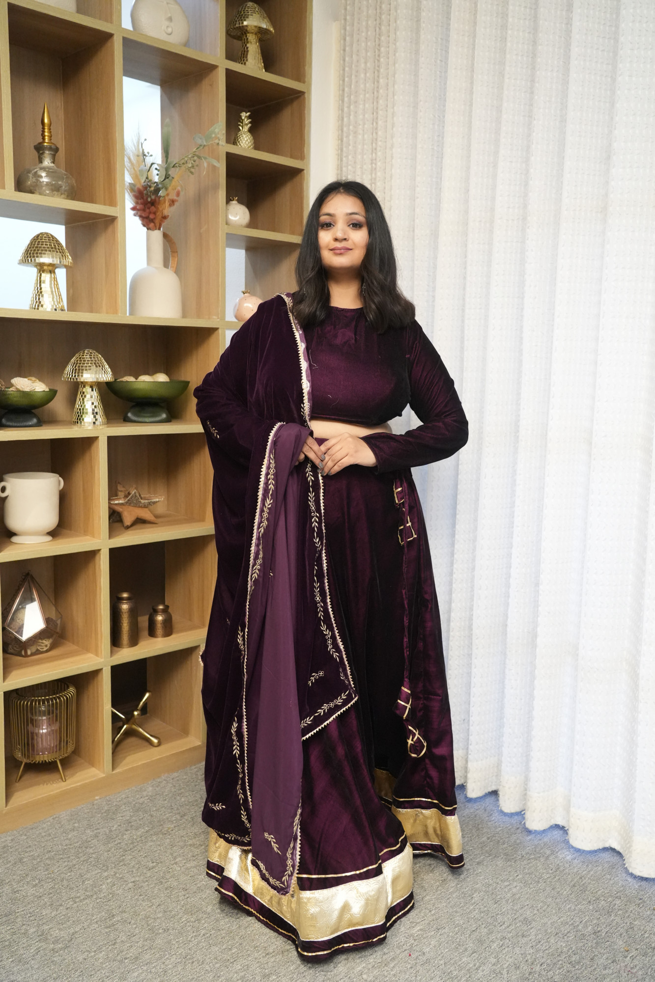 Wine Velvet Lehenga With Embroidered Dupatta