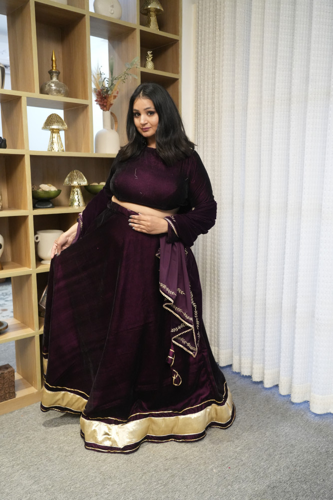 Image of Wine Velvet Lehenga With Embroidered Dupatta