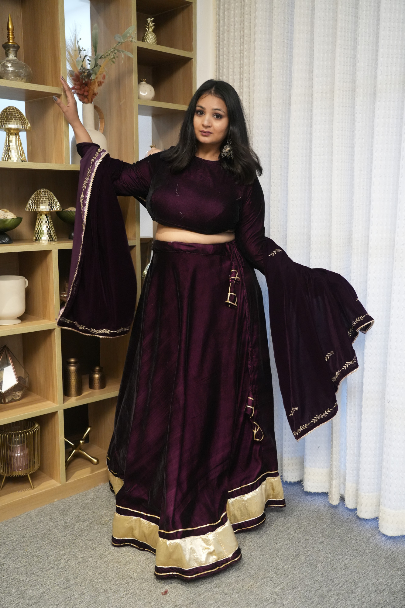 Wine Velvet Lehenga With Embroidered Dupatta