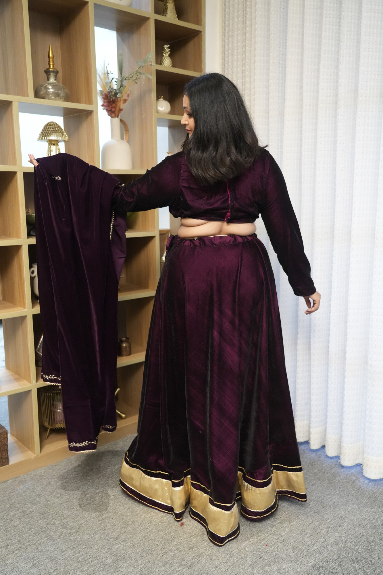 Wine Velvet Lehenga With Embroidered Dupatta