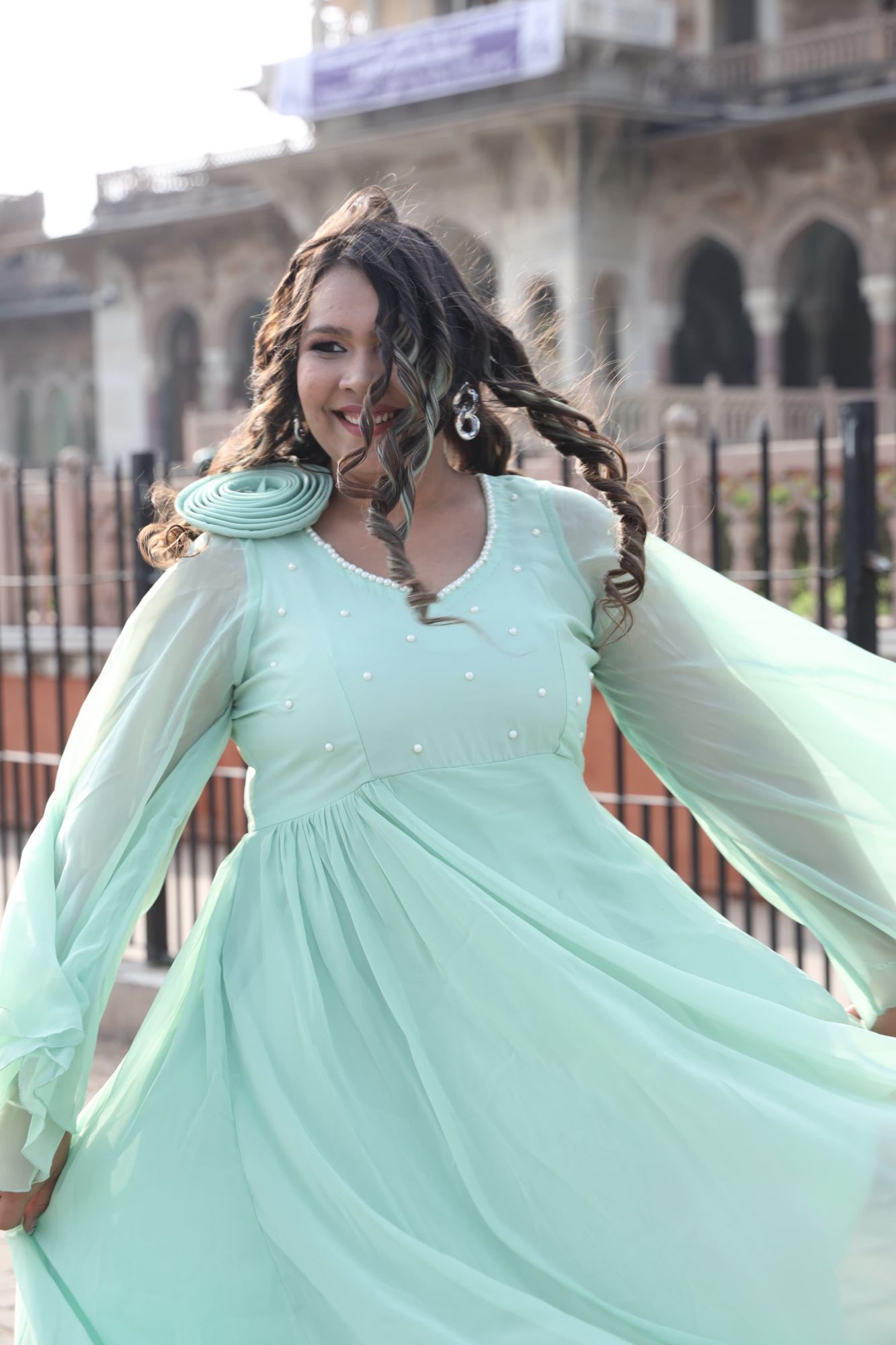 Mint green Pearl Georgette Dress