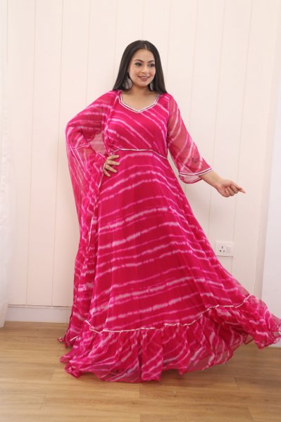 Image of Rani Pink Leheriya Georgette Anarkali Suit Set