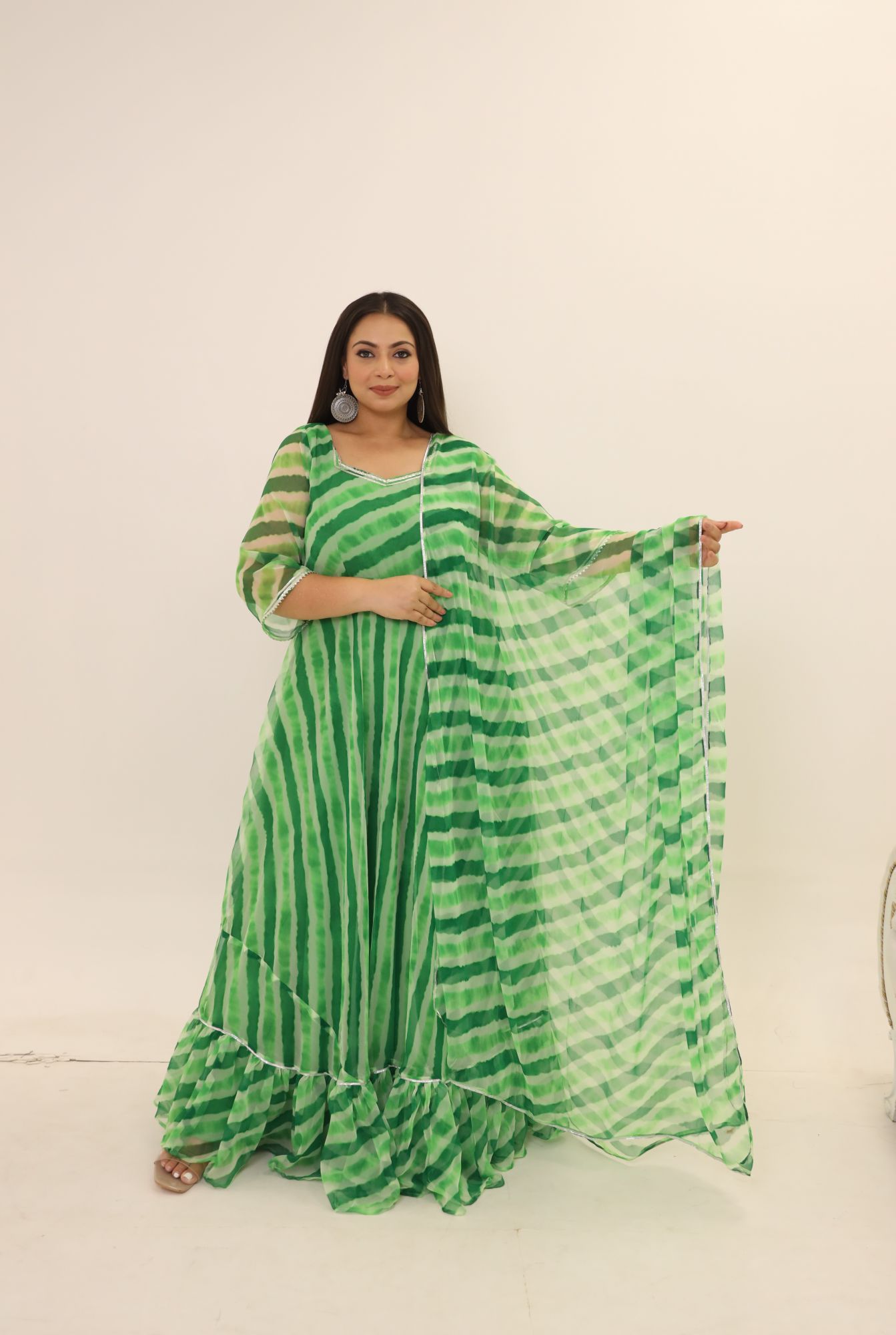 Green Leheriya Georgette Anarkali Suit Set