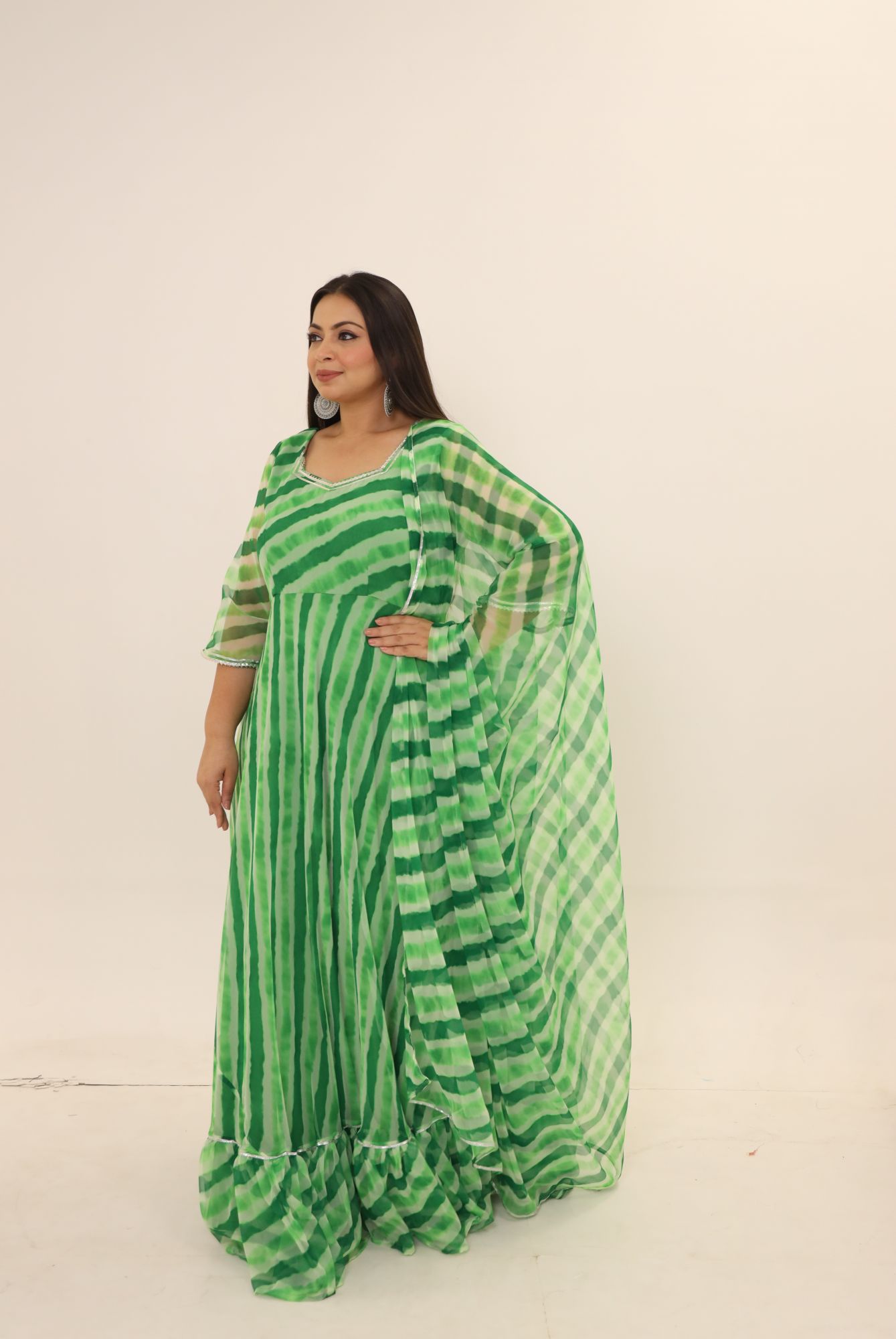 Green Leheriya Georgette Anarkali Suit Set