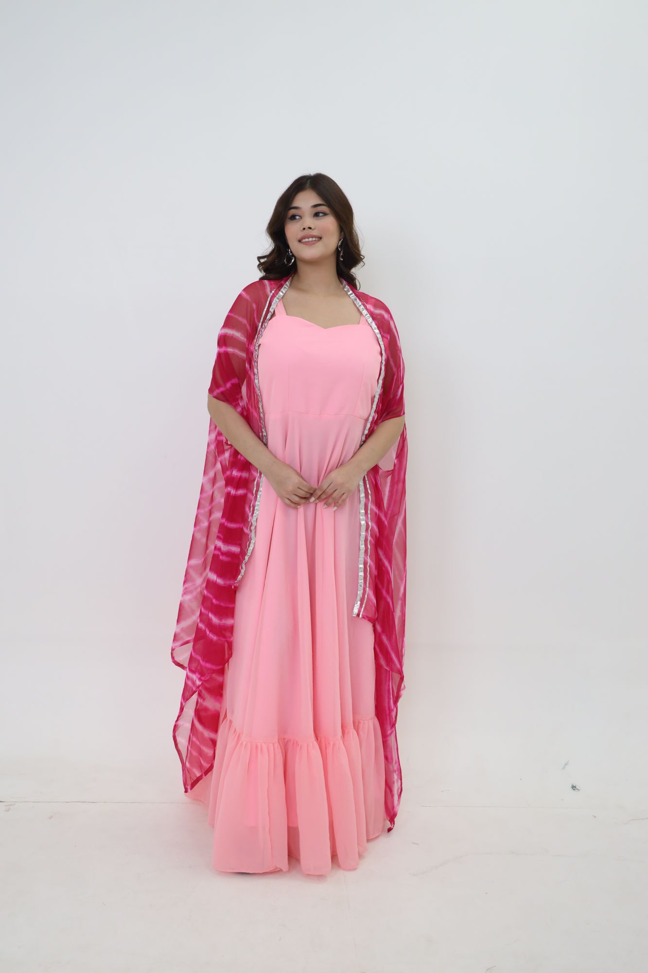 Pink Georgette Dress With Rani Pink Batiq Cape