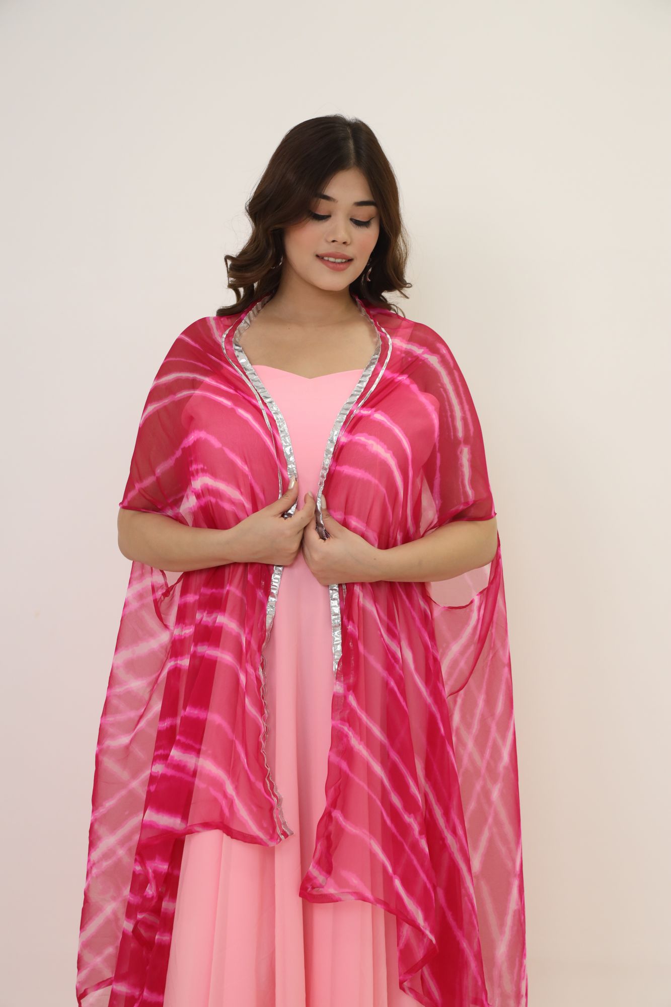 Pink Georgette Dress With Rani Pink Batiq Cape