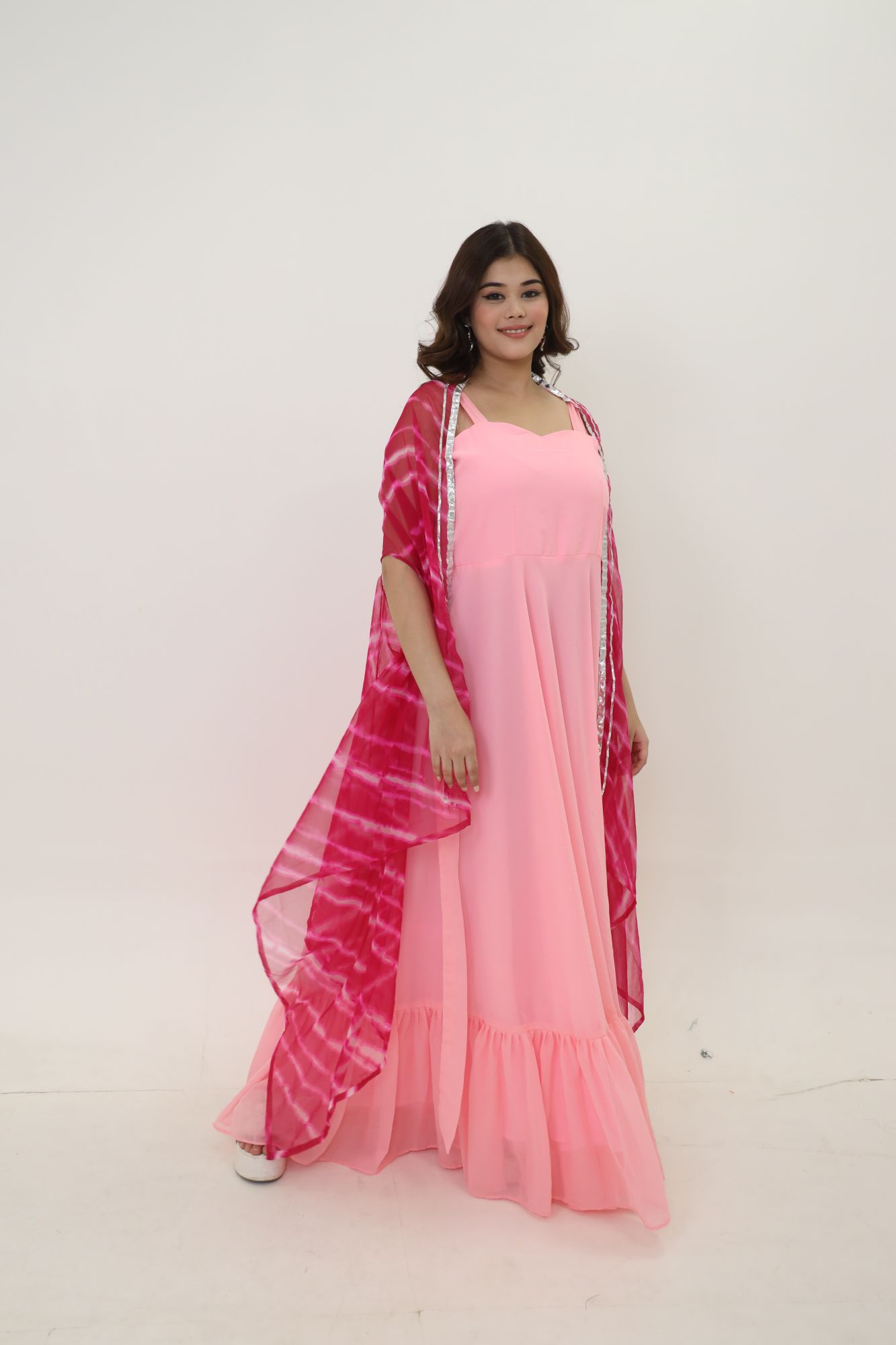 Pink Georgette Dress With Rani Pink Batiq Cape