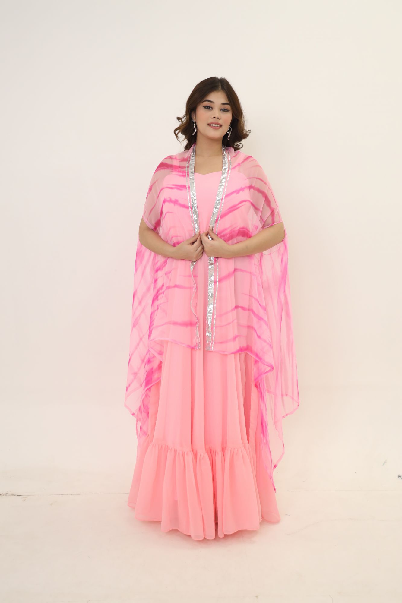 Pink Georgette Dress With Pink Batiq Cape