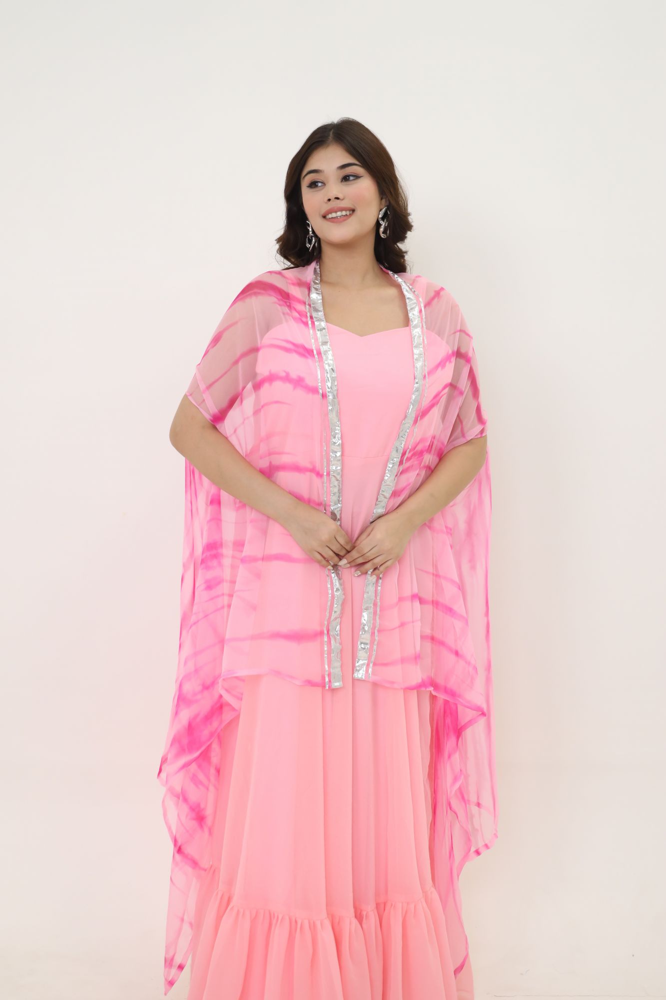 Pink Georgette Dress With Pink Batiq Cape