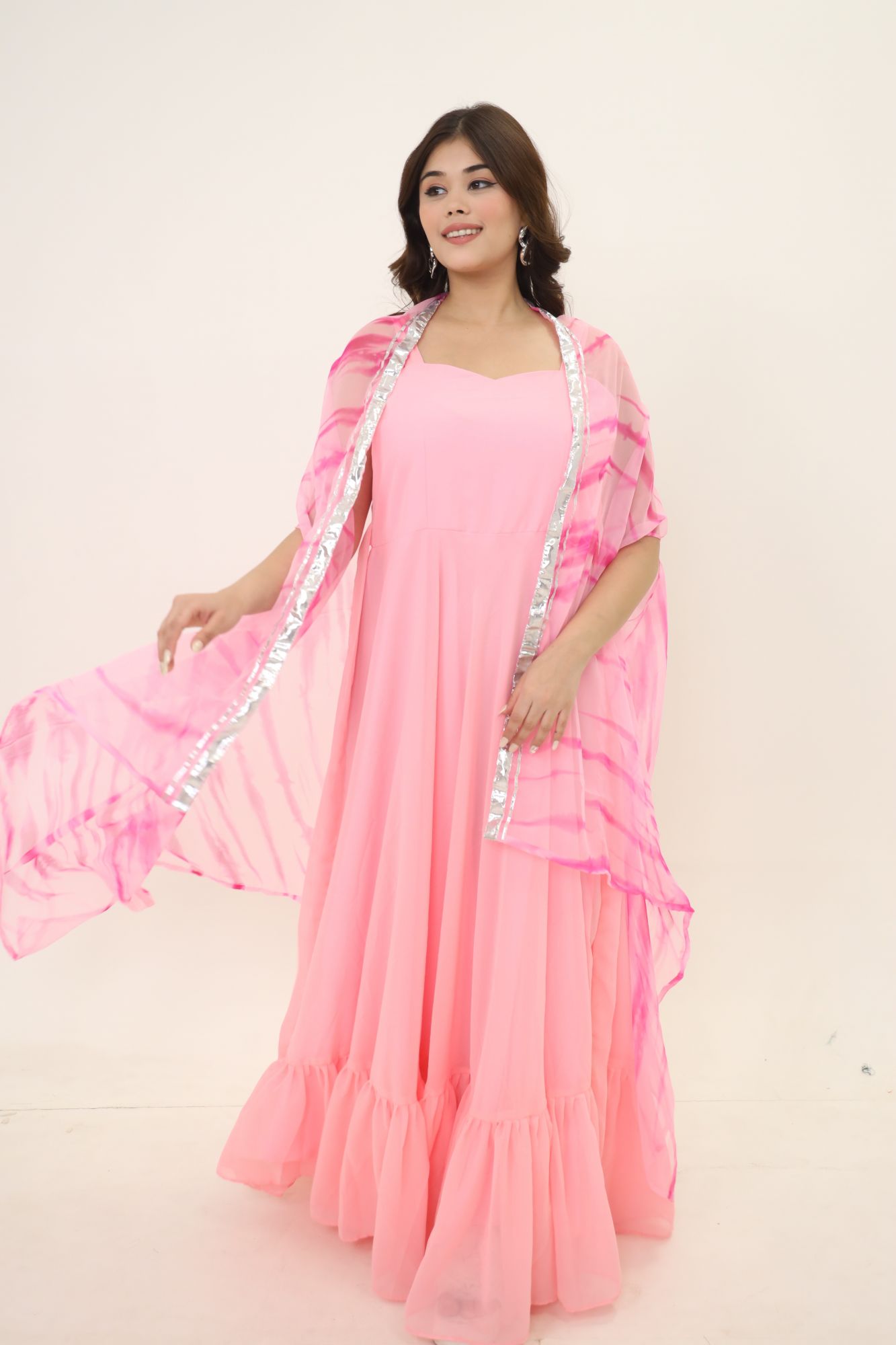 Pink Georgette Dress With Pink Batiq Cape