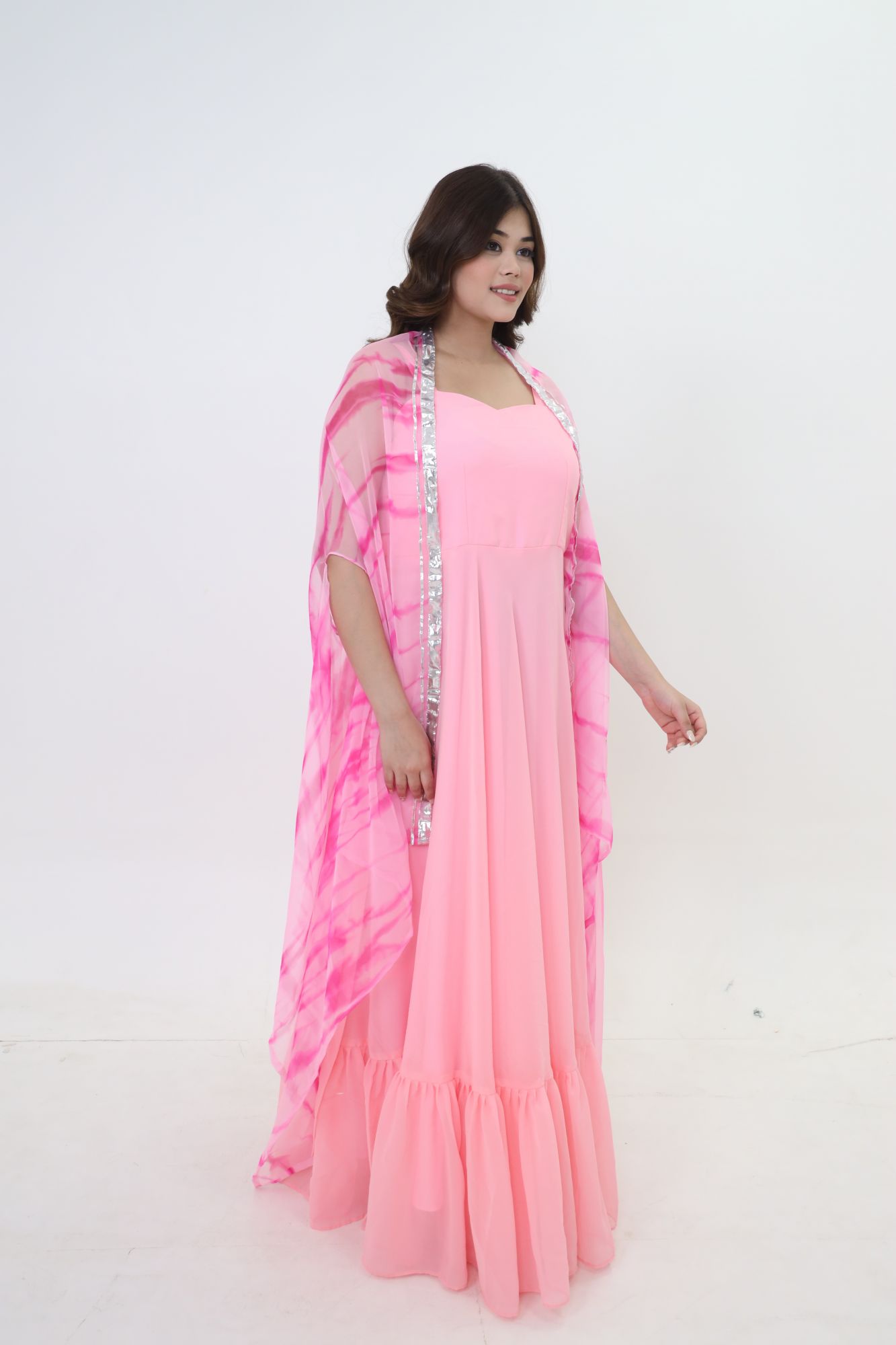 Pink Georgette Dress With Pink Batiq Cape