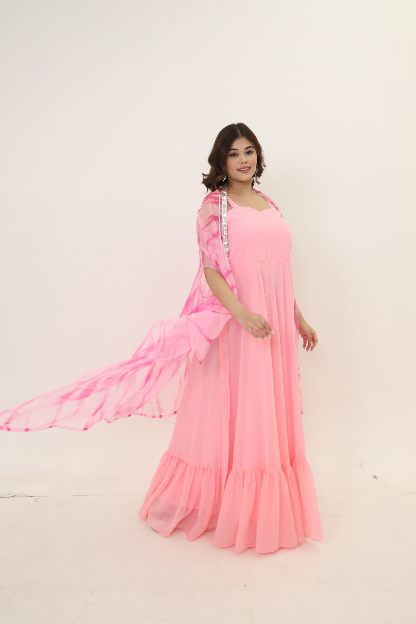 Pink Georgette Dress With Pink Batiq Cape